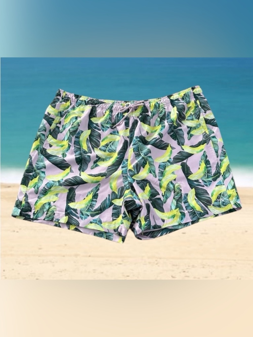 DSG men’s size 2XL swimsuit lavender lime tropical leaf 6” inseam mesh lined New